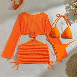 Three-piece orange bikini set with metal ring knit cover-up and summer accessories