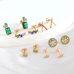 Geometric Stud Earrings Gold Plated Copper Cubic Zirconia With 925 Sterling Silver Earring Post Women Vintage Style