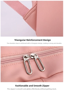 Dettagli dello zaino rosa con cuciture a triangolo rinforzate e cerniere in metallo argento