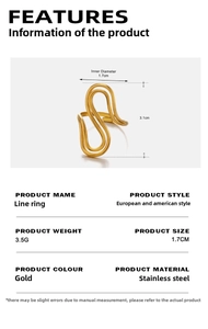 Detailed dimensions of gold stainless steel wavy double layer ring showing size and weight