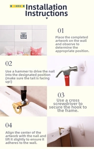 Step-by-step guide for wall mounting artwork with seamless nails, hooks, and tools