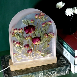 Preserved red rose in arched resin lamp with premium wooden base for home decoration