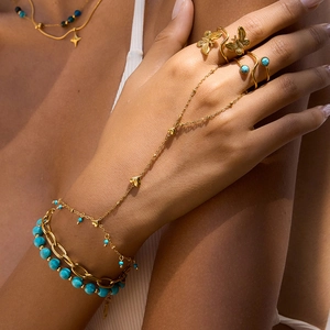Finger Bracelet And Ring Bohemian Stainless Steel Turquoise Gold Heart Butterfly Summer Beach Jewelry For Women