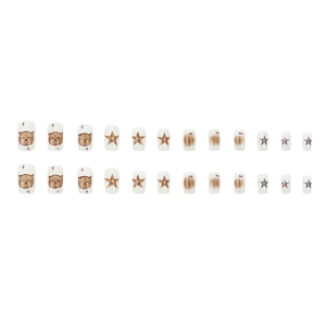 24pcs short square press-on nails with cute cat and star patterns on white base