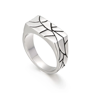 Polished silver stainless steel square ring featuring creative geometric texture on white background