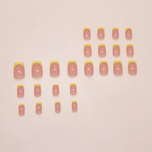 French tip press-on nails in bright yellow and nude pink finish, 24 pieces set