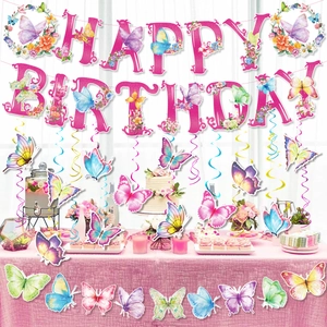Pink butterfly party decoration set with Happy Birthday banner and spiral hanging charms