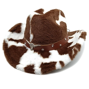 Cow Print Cowboy Hat Faux Fur Western Style Wide Brim Bull Head Metal Decor PU Leather Band Party Unisex