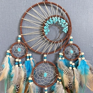 Bohemian tree of life dream catcher with turquoise stones and colorful hanging feathers