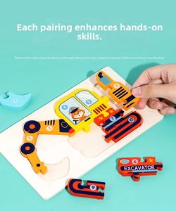Detailed view of hand assembling numbered wooden excavator 3D puzzle for kids