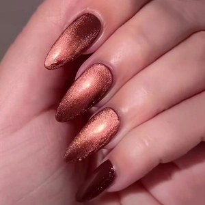 Dark Red Cat Eye Press On Nails Long Almond Stiletto Shape Magnetic Shimmer Manicure ABS Plastic With Glue