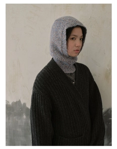 Detailed texture of light blue flecked knit Balaclava hood and dark grey cardigan
