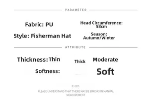 Detailed technical chart showing PU bucket hat size parameters and fabric specifications