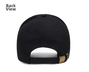 Back view of a black cotton baseball cap showing adjustable antique metal buckle
