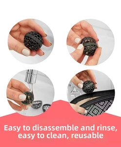 Washable sticky ball cleaner for handbags showing disassembly and water rinsing process