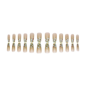 24-piece long coffin-shaped floral press-on nails with ice-transparent nude blue design