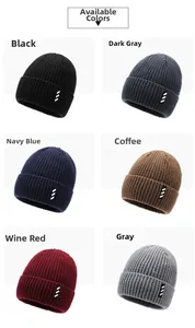 Detailed grid showing six winter knit beanies in black, grey, navy, and burgundy colors
