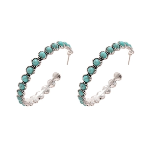 Vintage silver C-shape hoop earrings with turquoise stone beads for women