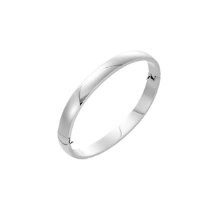 Polished silver stainless steel oval bangle featuring a hinged clasp and minimalist design