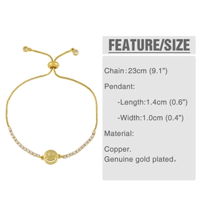 Detail of adjustable gold plated smile bracelet with cubic zirconia and Mama letter charm