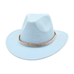 Close-up of a light blue felt cowboy hat featuring a sparkling rhinestone-studded band