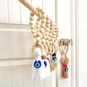Bohemian Evil Eye Wood Bead Tassel Hanging Ornament Mediterranean Style Door Handle Car Mirror Wall Decor Accessory