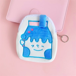 Close-up of milk carton plush coin purse with cute embroidery and metal keychain