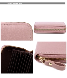 Detail showing pink lychee leather texture and accordion slots of this RFID card holder