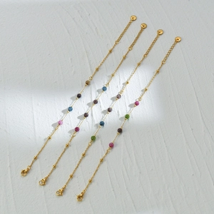 Minimalist 14K gold plated stainless steel tassel beaded bracelets with colorful gems