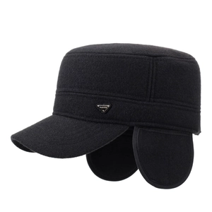 Men's winter flat top hat with thick ear flaps and warm fleece lining in black