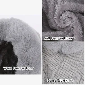Winter fleece-lined knitted hooded scarf hat with thermal gray faux fur and ear protection