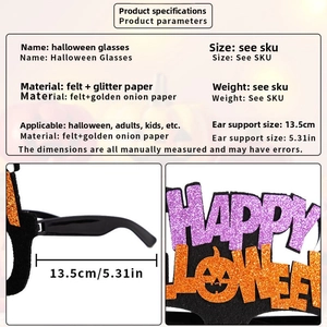 Detail showing glittery Halloween glasses size specifications and felt material texture