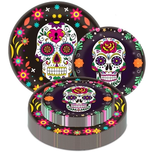 Day of the Dead themed paper plates with colorful skull and floral designs for parties