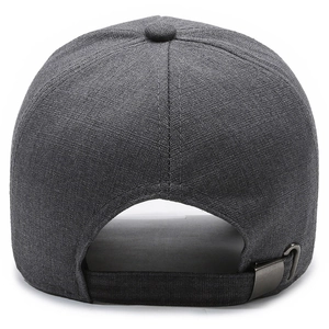 Back view of gray textured baseball cap for men with adjustable metal buckle strap