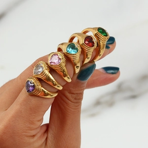 Set of six gold-plated stainless steel signet rings with colorful heart zircon stones