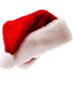 Close-up of a plush red Christmas hat with white faux fur trim and fluffy pompom detail