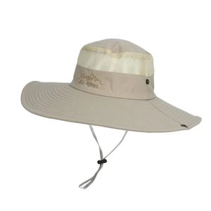 Detail of wide brim sun hat with breathable mesh crown and adjustable windproof rope