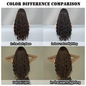Deep brown body wave wig color comparison in different lighting conditions and environments