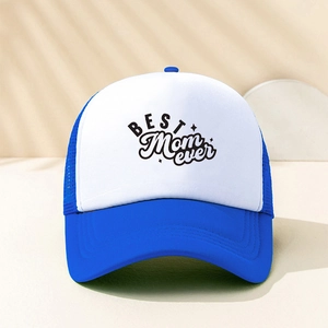 Blue and white trucker hat featuring BEST MOM EVER print with mesh back panels