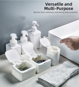 Minimalist white desktop organizer box with pop-up lid for cotton pads and stationery