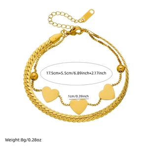 Double-layer gold-plated stainless steel heart bracelet with snake and bead chains