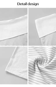 Detail view of high waisted striped trousers with white waistband and knit texture