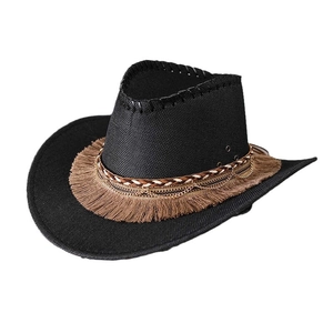Men's black straw cowboy hat with brown tassel and gold chain trim for sun protection