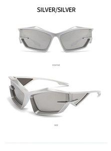 Detailed front and side views of futuristic silver Y2K sunglasses with geometric frames
