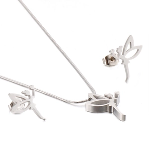 Detail view of silver fairy necklace and earrings set featuring openwork wing designs