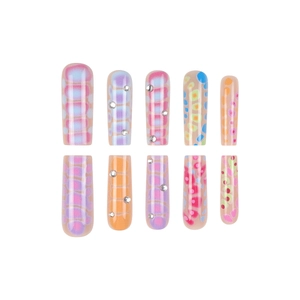 Macaron colorful press-on nails with gradient plaid patterns and sparkling rhinestones