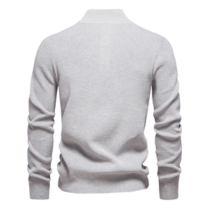 Back view of light grey business casual knit sweater showing vertical rib texture