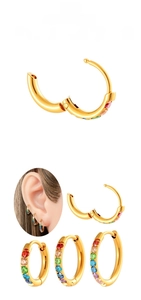 Detail view of gold earrings featuring vibrant rainbow cubic zirconia and hinge opening