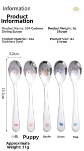 Detailed size chart for 304 stainless steel cartoon infant spoons with five animal patterns