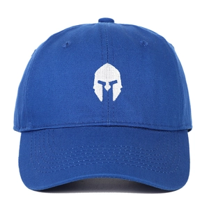 Detail of embroidered white Spartan helmet logo on the front of a navy blue cotton cap